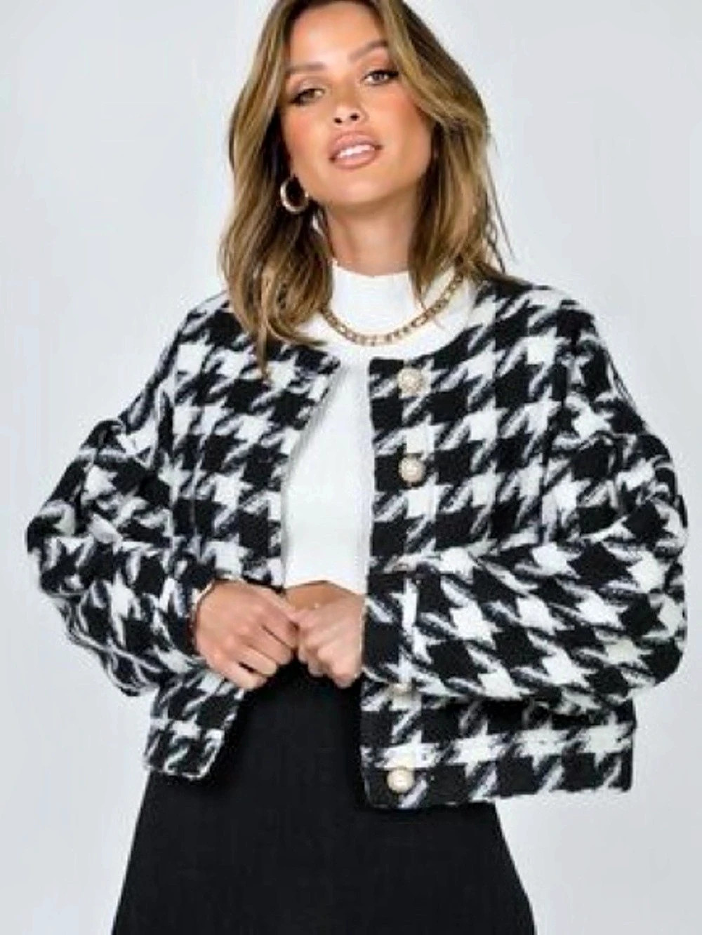 Princess Polly White Black Houndstooth Bomber Jacket Black & White Size XS/S